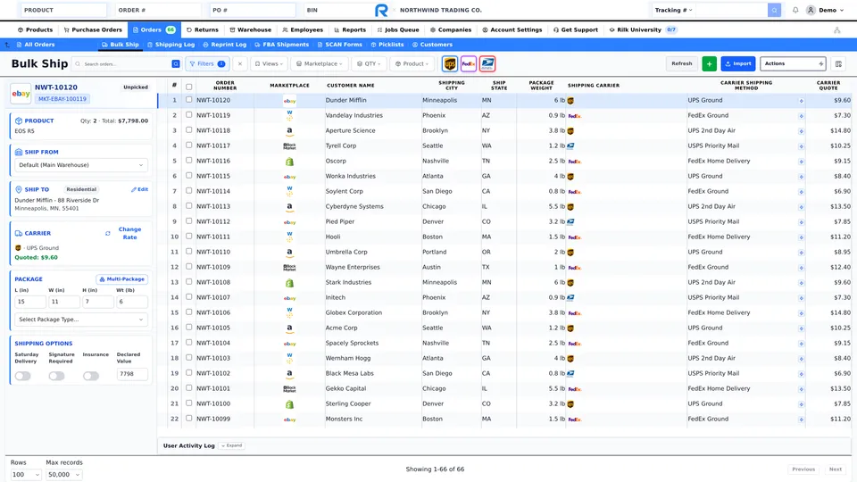 Bulk shipping and rate shopping in Rilk