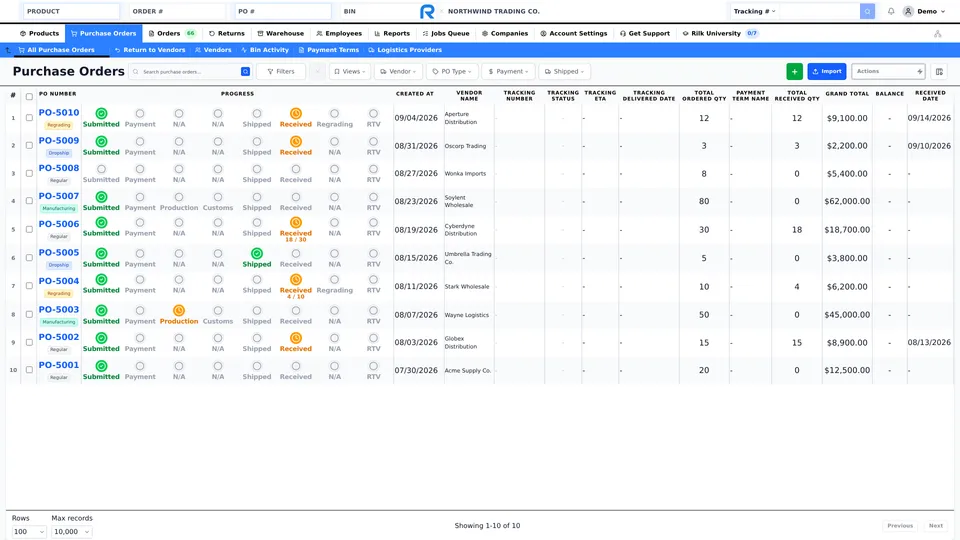 Purchase orders and landed cost in Rilk